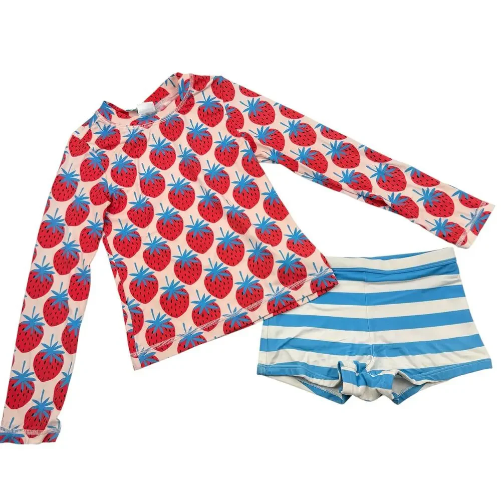 Hanna Andersson Strawberry Print Mixie Rash Guard Swimsuit, Size 8